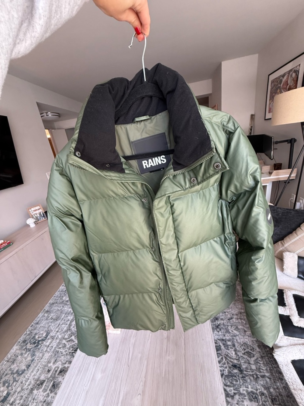 Rains Olive Green Puffer Jacket with Black Lining